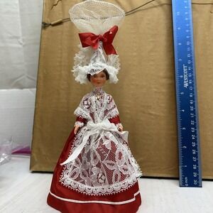 VTG 10" French Souvenir Doll Brittany Bretagne Red Satin Dress Lace Folk Art MCM